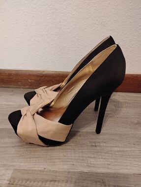 Qupid Black High Heel Peep Toe Pumps with Nude Knot Accent